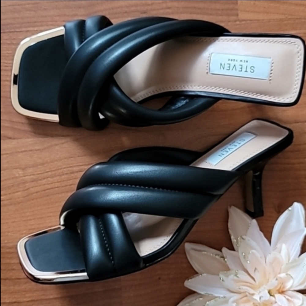 Steven New York Black Padded Mule Heels with Gold Trim
